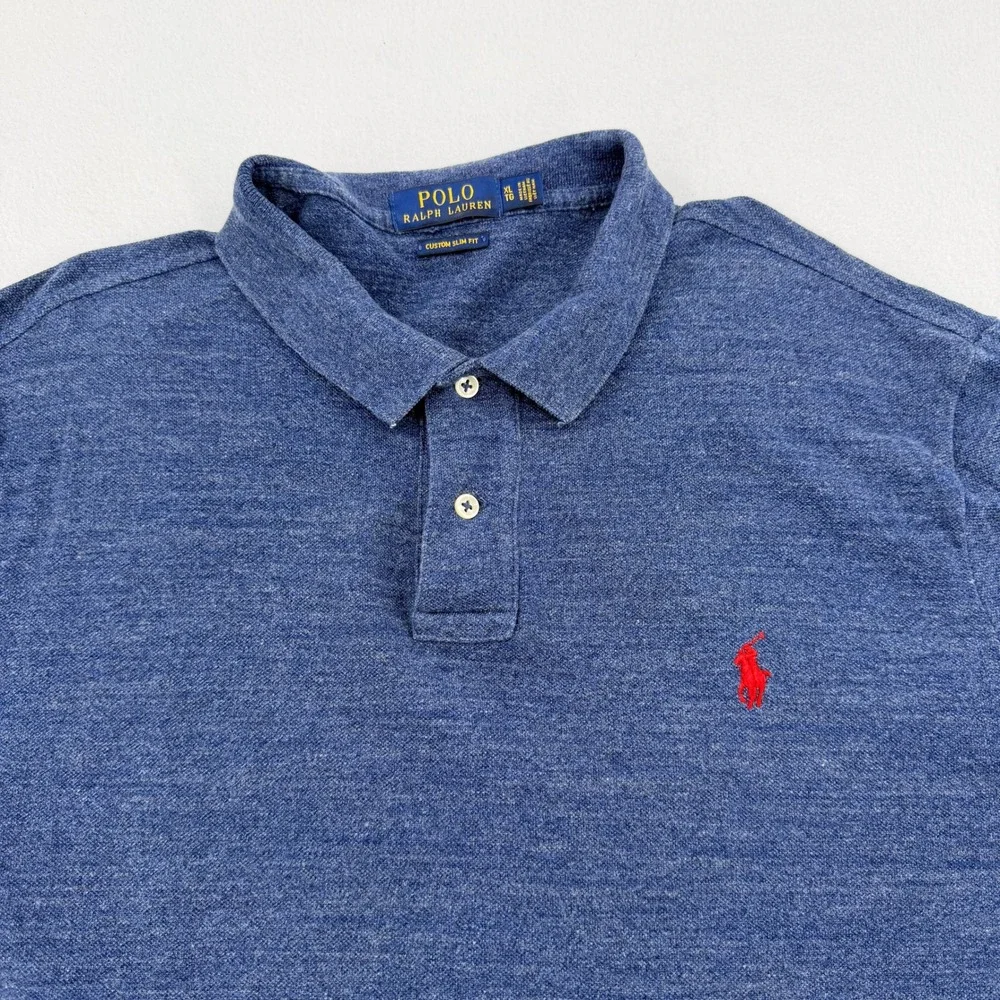 Polo Ralph Lauren Mens XL Custom Slim Fit Heathered Blue Polo Shirt Red Pony